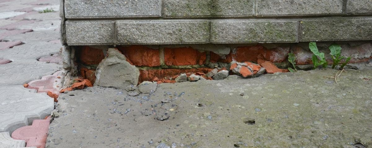 Brick crumbling away at the base of a house wall